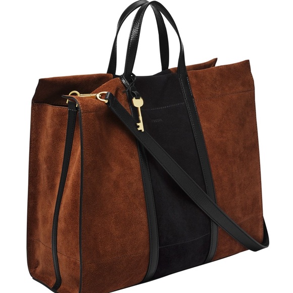 Fossil Handbags - FOSSIL CARMEN LEATHER SHOPPER TOTE - BROWN/BLACK (NEW)
